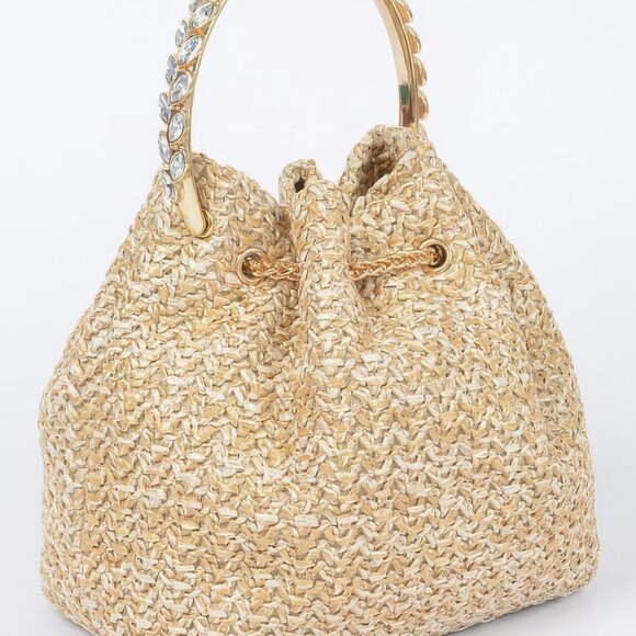 Faux Straw Bucket Bag W/stone Handle - Picture 5 of 6